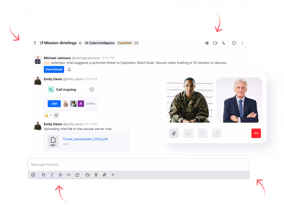 Screenshot of a secure military communication app with chat, file upload, and video call between a soldier and a man in a suit.
